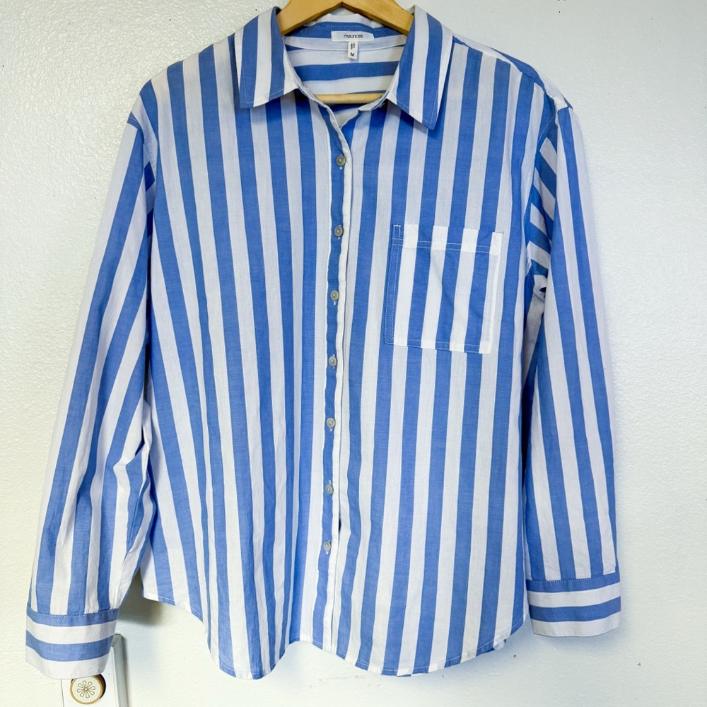Maurice’s Blue & White Stripe Button Down Shirt | 100% Cotton | Fourth of July